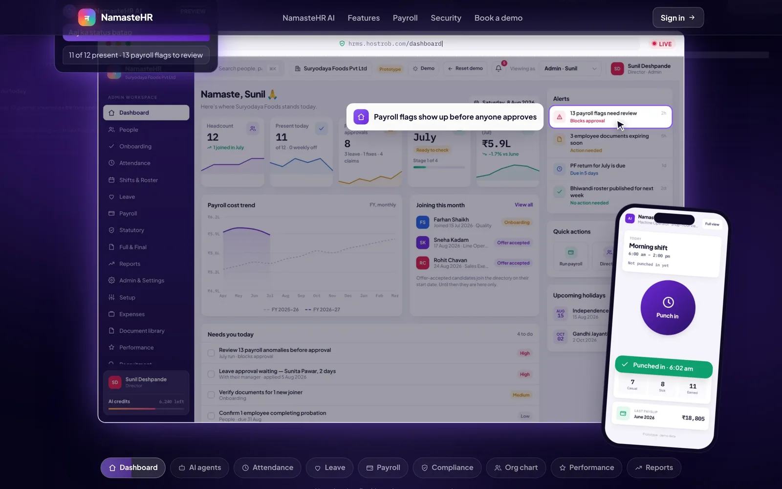 NamasteHR HR and payroll dashboard